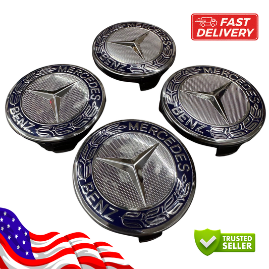 (4) Mercedes Benz Wheel Center Caps 75mm Blue & Silver