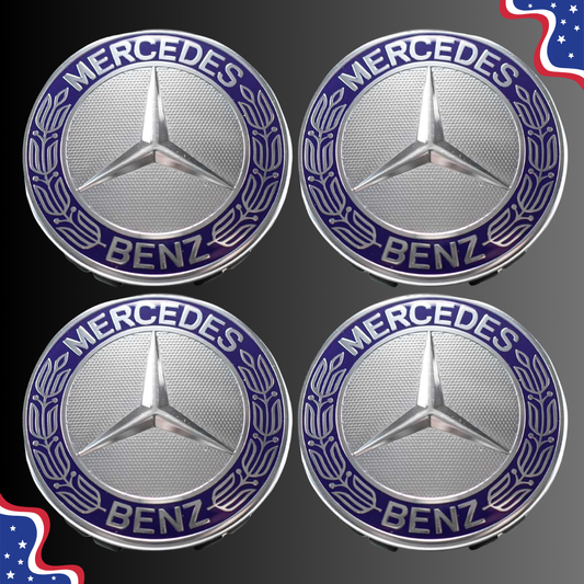 (4) Mercedes Benz Wheel Center Caps 75mm Blue & Silver