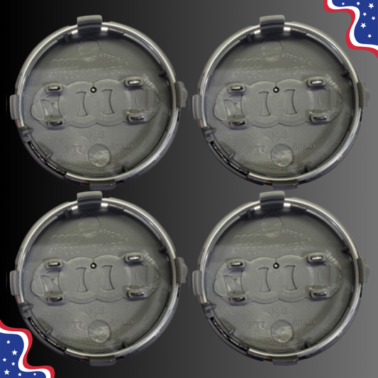 Set of four 69 mm Audi-compatible black and chrome wheel center caps, back view