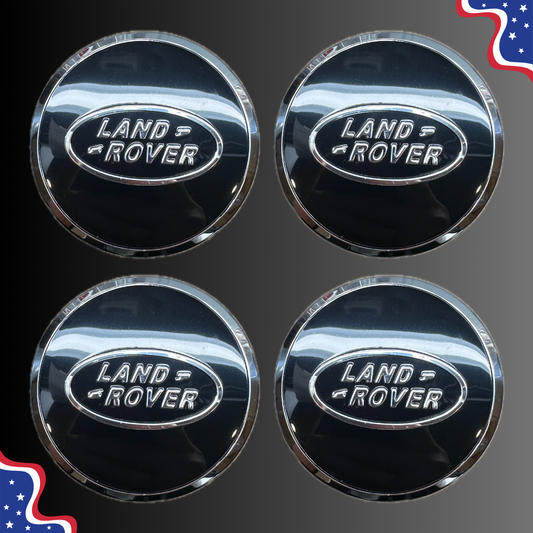 Set of 4 65mm Wheel Center Caps for Land Rover & Range Rover – Black / Silver Logo front view