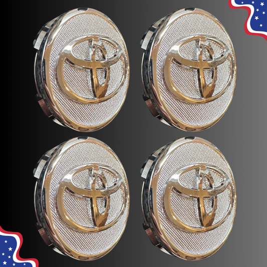 Set of four 57 mm Toyota-compatible silver wheel center caps, side view