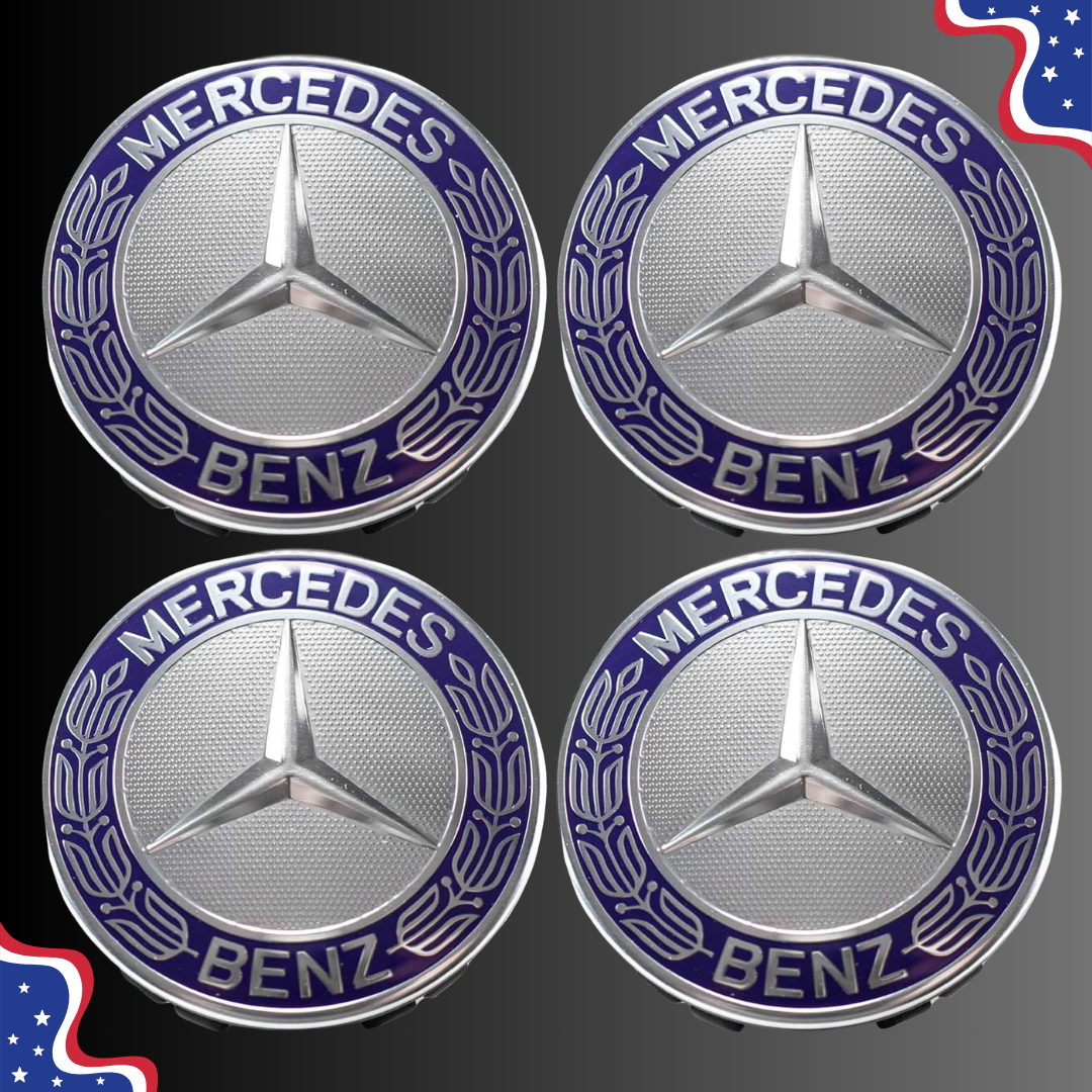 (4) Mercedes Benz Wheel Center Caps 75mm Blue & Silver