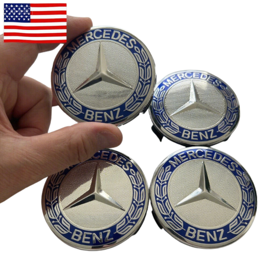 (4) Mercedes Benz Wheel Center Caps 75mm Blue & Silver