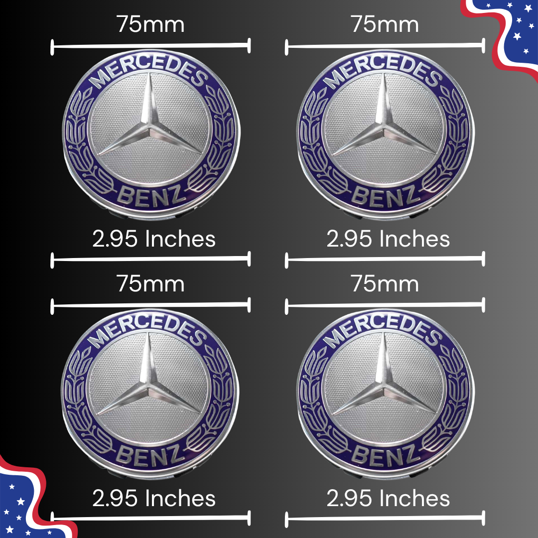 (4) Mercedes Benz Wheel Center Caps 75mm Blue & Silver