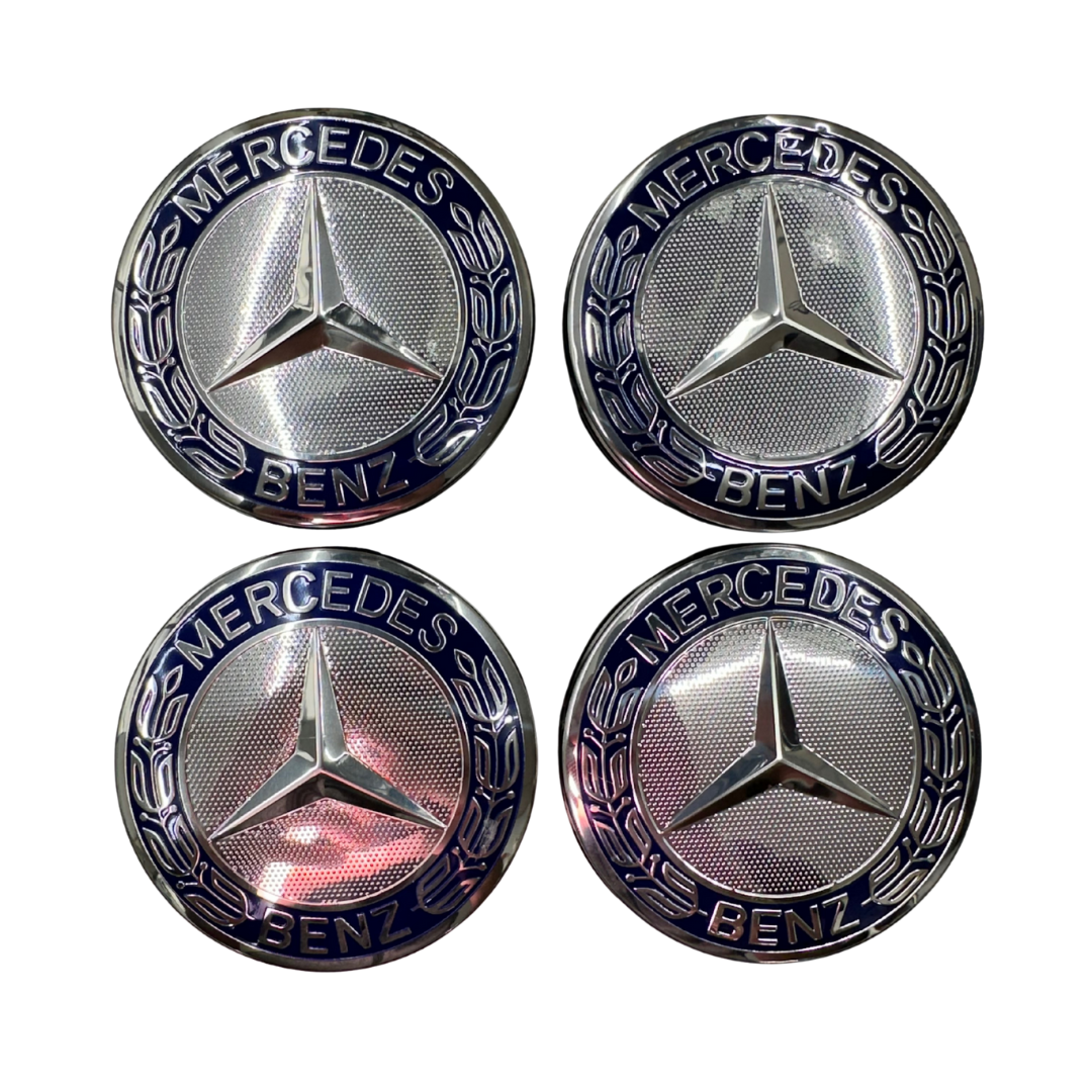(4) Mercedes Benz Wheel Center Caps 75mm Blue & Silver