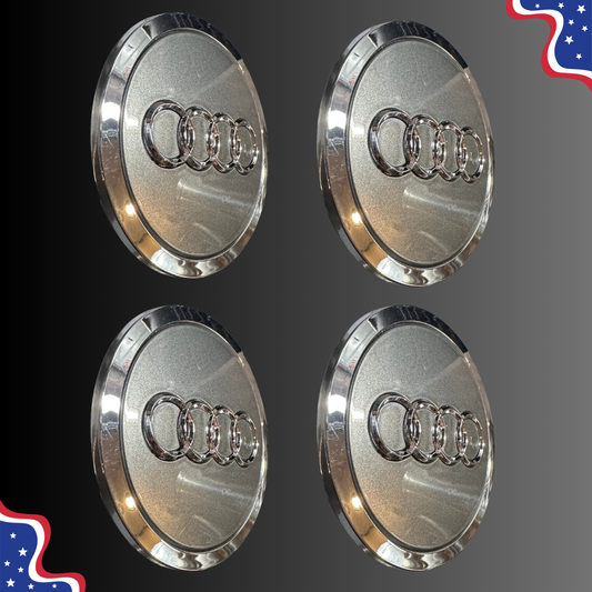 Set of four 69 mm Audi-compatible silver gray and chrome wheel center caps, side view
