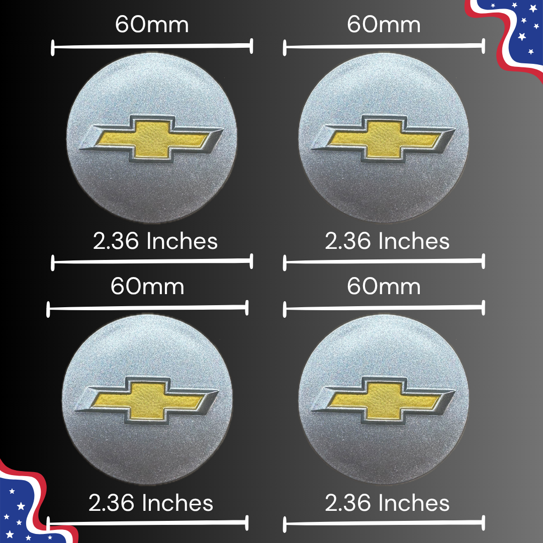 60 mm / 2.36 inch Chevrolet silver and gold center cap measurement guide