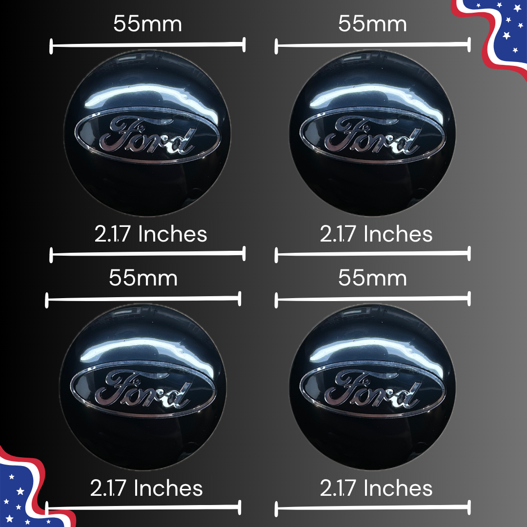 55 mm / 2.17 inch Ford black center cap measurement guide