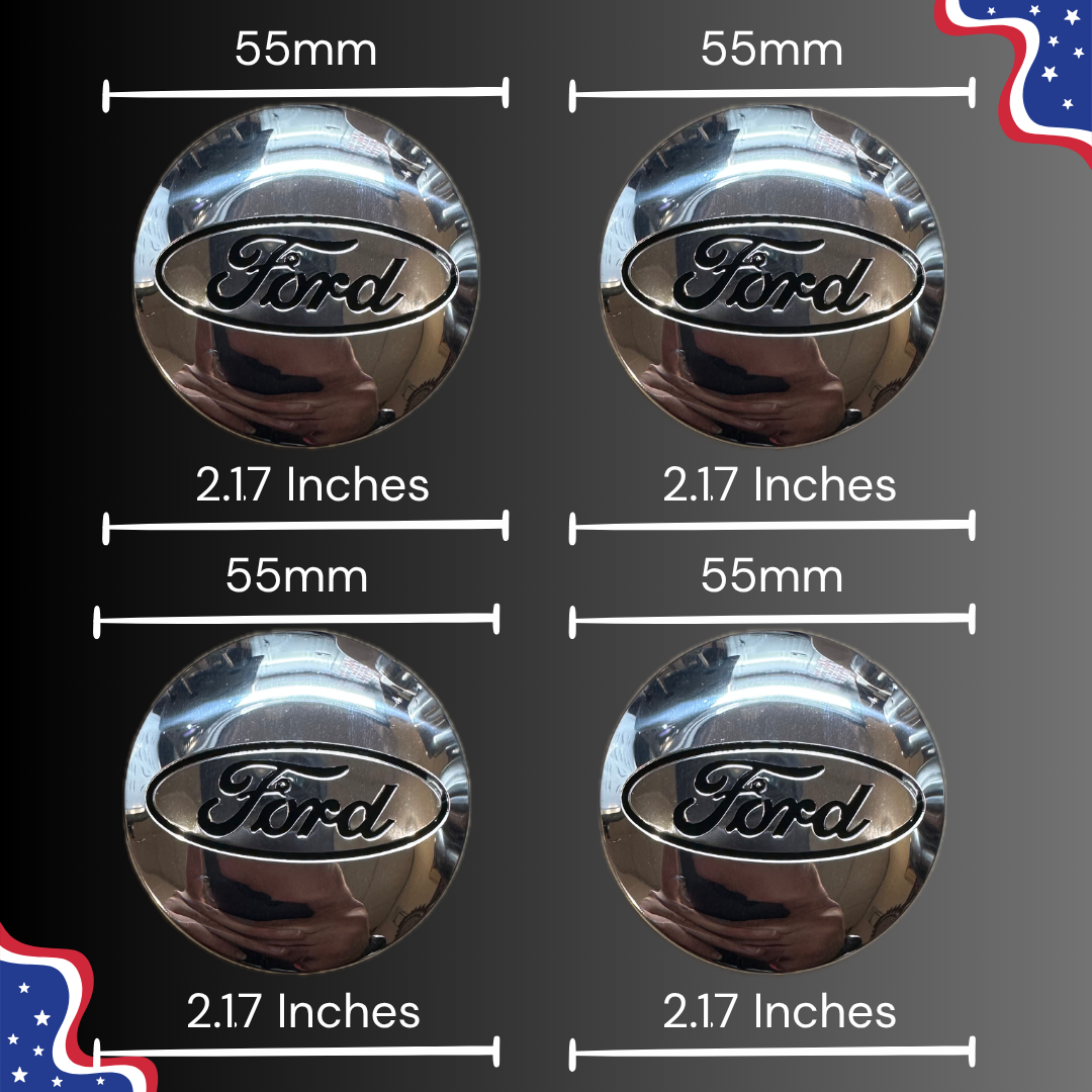 55 mm / 2.17 inch Ford chrome center cap measurement guide