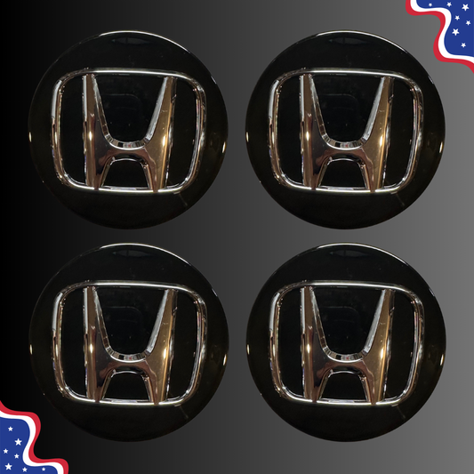 Set of four 69 mm Honda-compatible black and chrome wheel center caps, front view