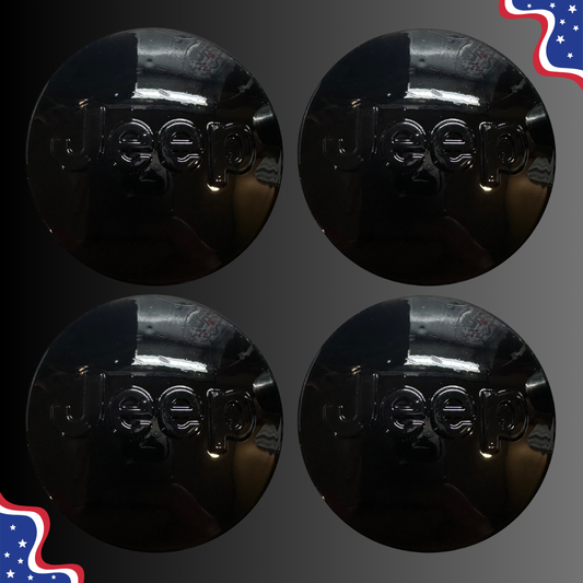 Set of four 64 mm Jeep-compatible gloss black wheel center caps, front view