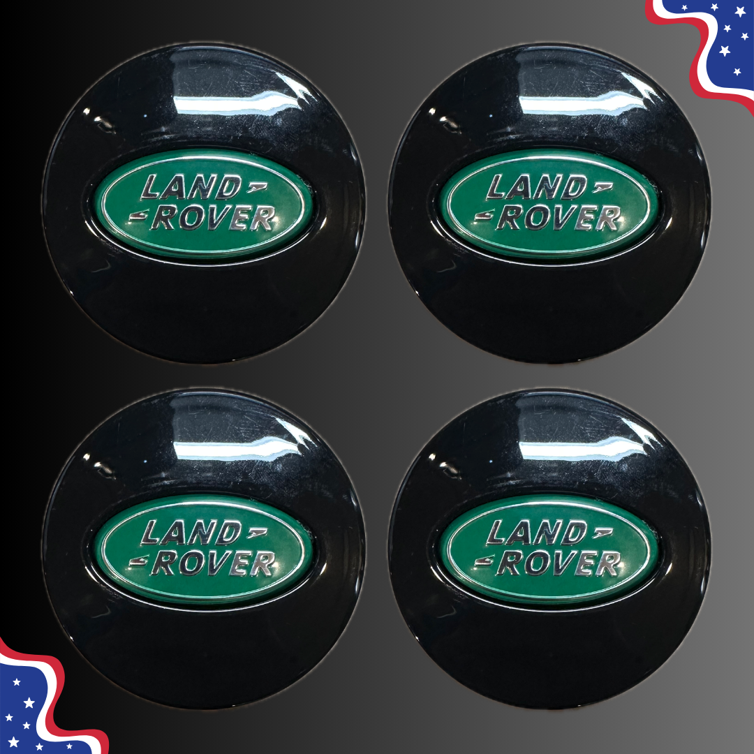 Set of 4 65mm Wheel Center Caps for Land Rover & Range Rover – Black / Green Logo front view