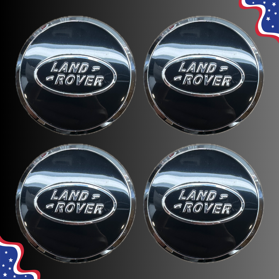 Set of 4 65mm Wheel Center Caps for Land Rover & Range Rover – Black / Silver Logo front view