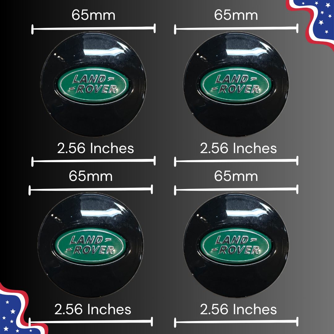 65 mm / 2.56 inch Land Rover black and green logo center cap measurement guide