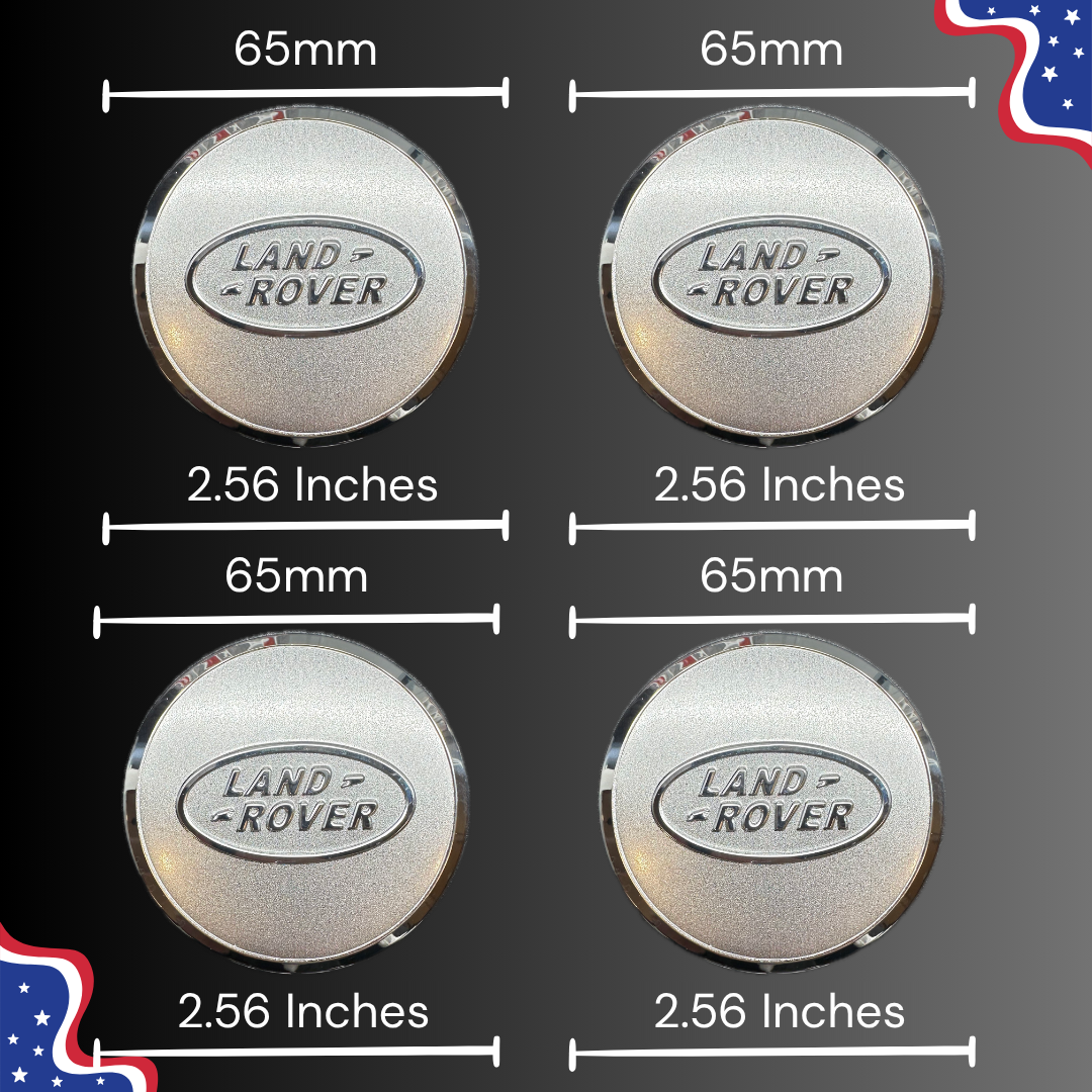 65 mm / 2.56 inch Land Rover silver and silver logo center cap measurement guide