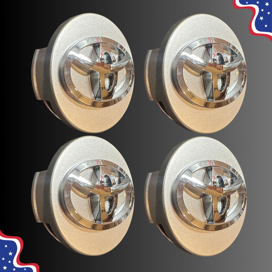 Set of four 62 mm Toyota-compatible silver and chrome wheel center caps, side view